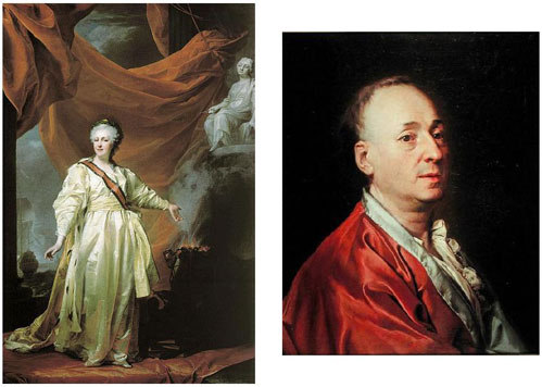 Figure 1 : Catherine II de Russie (1729-1796), impératrice de Russie (1762-1796) ; Denis Diderot (tous deux peints par le peintre Dimitri Levitzky, 1735-1822 – en ce qui concerne Diderot, tableau peint pendant son séjour à Pétersbourg) (Galerie Tretyakov, Moscou, pour le premier ; Musée d’art de Genève pour le second)