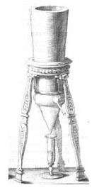 Figure 3 : Hygromètre de l’Accademia del Cemento (figure extraite des Saggi di Naturali Esperienze fatte nell’ Accademia del Cimento, publiés à Florence en 1666, p. XIII). Cet instrument se compose d’un cône inversé rempli de glace, de sorte que la vapeur d’eau ambiante vienne se condenser sur ses parois et s’égoutter au-dessous dans une flasque graduée, la quantité d’eau recueillie dans un temps donné mesurant le degré d’humidité.
