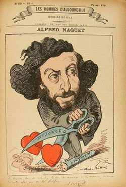 Figure 3 : Le médecin, chimiste puis homme politique Alfred Naquet (1834-1916). C’est lui qui encouragea en 1861 Grimaux à se tourner vers la recherche. Plus tard député de Vaucluse, sous la III<sup>e</sup> République, il fut un des promoteurs actifs de la loi sur le divorce (1884), d’où cette caricature. À cette époque, l'antisémitisme sévit et Naquet en est fréquemment la cible (image Université Paris I - Sorbonne). 