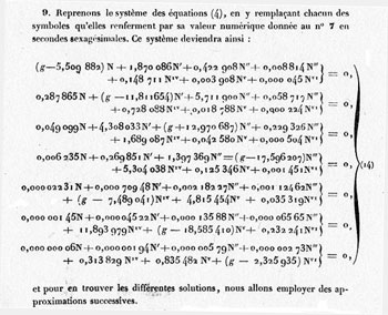 Figure 4 : Le système 7x7, brut, dans la Connaissance des Temps pour l'An 1843. Remarquer la petitesse des quatre premiers coefficients dans les trois dernières lignes.