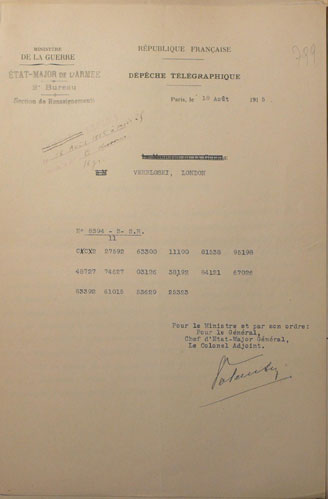Figure 4 : Une dépêche télégraphique de 1915, avec chiffres regroupés par cinq.