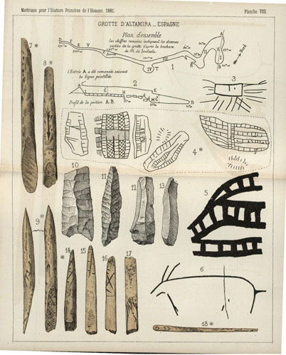 Figure 5 : Grotte d’Altamira, rapport Harlé (1881). On remarque le très schématique croquis de bison, en bas à droite. Extrait de Émile Harlé, « La grotte d’Altamira, près de Santander (Espagne) », Matériaux pour l’histoire primitive et naturelle de l’homme, 1881, t. 12, p. 275-283.