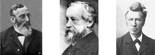 Figure 8 : Quelques savants sur la route de la compréhension de l’osmose au XIX<sup>e</sup> siècle. Après Porret et Dutrochet,  l’Allemand Wilhelm Pfeffer (1845-1920), les Hollandais Hugo De Vries (1848-1925) et Jacobus van’t Hoff (1852-1911).