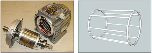 Figure A17 : Moteur électrique asynchrone. Dans cette illustration sont visibles les bobines du stator et leur connexions électriques ainsi que les spires en court-circuit du type cage d'écureuil du rotor, représentées schématiquement sur la figure de droite (illustrations Wikipédia).